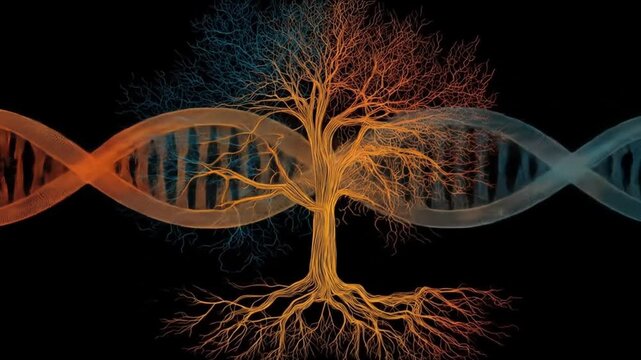 A graphic representation of DNA intertwining with a symbolic tree, showcasing the interconnectedness of life and genetic code.