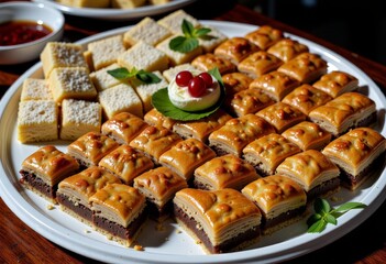 A beautifully arranged platter of assorted pastries featuring layers of flaky dough, with a central garnish of cream and berries, highlighting rich textures and flavors.