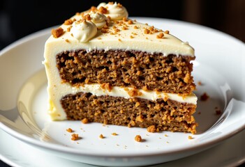 Delicious slice of moist carrot cake topped with creamy frosting and sprinkled with crunchy crumbs served on a pristine white dessert plate