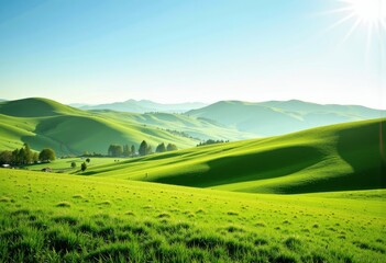 Obraz premium Lush Green Rolling Hills Under a Bright Blue Sky with Sunlight and Shadows Creating a Serene and Picturesque Pastoral Landscape
