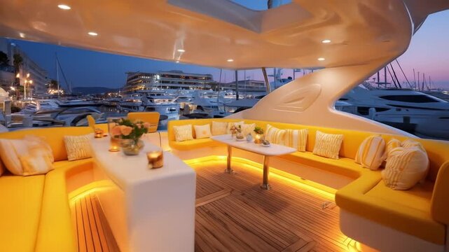 Luxury yacht deck interior with yellow cushions and ambient lighting