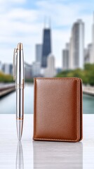 Silver Pen and Brown Leather Notebook on Reflective Desk with Cityscape Background