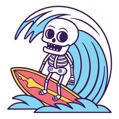 Cartoon skeleton surfs a colorful wave on a pink surfboard with transparent background
