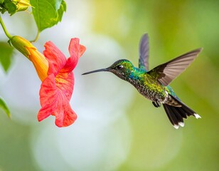 Obraz premium Hummingbird with iridescent feathers hovering gracefully near a bright red Trumpet Vine flower, its long beak just touching the bloom.