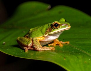 Fototapeta premium A vibrant green frog perched on a large leaf