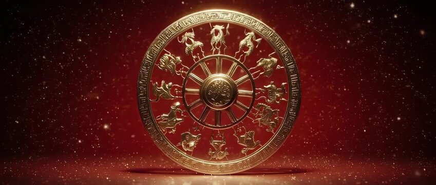 Rotating Chinese Zodiac Animal Wheel - Celestial Loop. This symbolic animation is perfect for astrology content, Lunar New Year greetings, and cultural presentations.