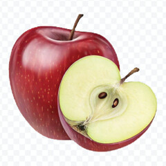 realistic 3d fresh apple with slice and green leaf in different color style isolated on transparent background