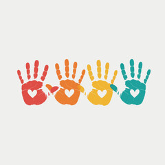 Obraz premium Diverse handprints with hearts representing unity community friendship love and childhood joy illustration