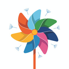 Colorful pinwheel toy spinning freely in the breeze with floating dandelion seeds on a white canvas illustration