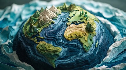 Obraz premium Stylized earth model with layered continents and textured oceans in a close up detailed view