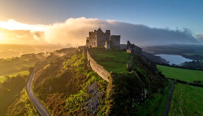 Obraz premium Aerial view of a castle on a hilltop at sunrise