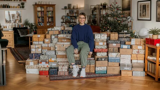 Seller surrounded by towers of parcels at home studio, festive side‑hustle success perfect for marketplace ads, shipping solutions, and small brand credibility.
