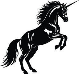 Unicorn silhouette, mythical creature, fantasy icon, rearing pose, magical animal, black artwork, flowing mane, enchanted symbol, elegant design, mystical figure