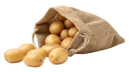 Harvested Potatoes Overflowing from a Burlap Sack on Black Background Fresh Organic Produce Still Life Rustic Farm to Table Concept
