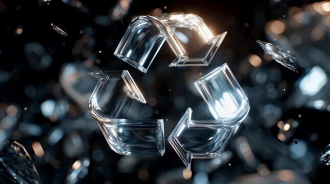 3D recycle symbol made of glass transparent rotate 4k video animation