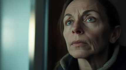 An aged woman looks out of frame, eyes slightly upward, and her face is lit by a cool colored light, conveying contemplation.