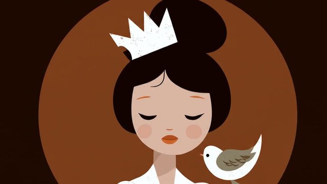 Illustration of a woman with a crown and bird against a brown backdrop