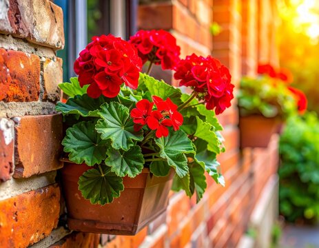 Geranium plant with clusters of bright red flowers and distinctive patterned leaves, growing in a window box on an old brick wall