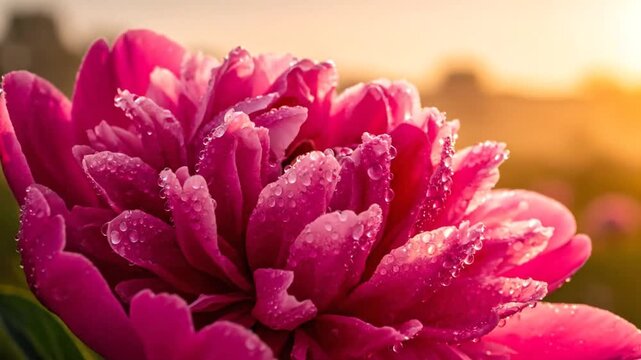 Pink peony dewdrops sunrise