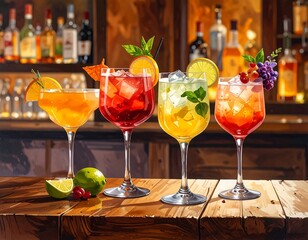 Colorful cocktails displayed on a rustic bar