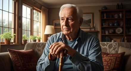 Elderly man sitting thoughtfully in cozy living room with natural light streaming through windows and decorative furniture creating warm inviting atmosphere
