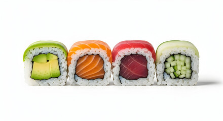 Fresh Assorted Sushi Rolls with Vegetables and Fish on White Background Perfect for Food Menu or Restaurant Promotion