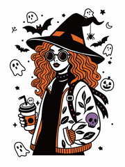 A fashionable witch with curly orange hair, wearing a hat and sunglasses, holds a spooky drink while surrounded by ghosts, bats, and Halloween symbols.