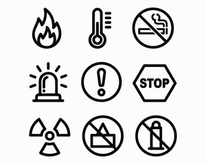 Safety and Hazard Iconography Displaying a Variety of Risks and Warnings Fire Temperature No Smoking Flashing Light Exclamation Point Radiation Stop