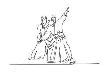 Continuous one line drawing dynamic Aikido throw, with one male figure controlling his partner's momentum and unbalancing with a precise maneuver. Single line draw design vector graphic illustration