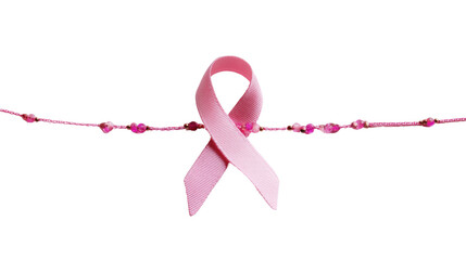 Pink Breast Cancer Awareness Ribbon on String on white background