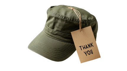 Military Green Cap with Thank You Tag on white background
