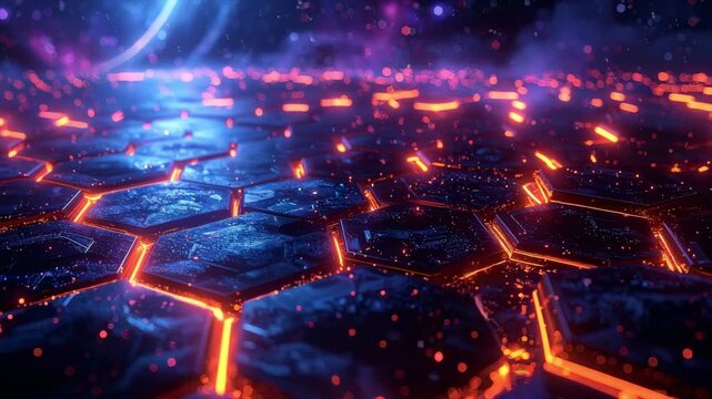 Glowing hexagon grid, futuristic cyber network animation, abstract tech motion background