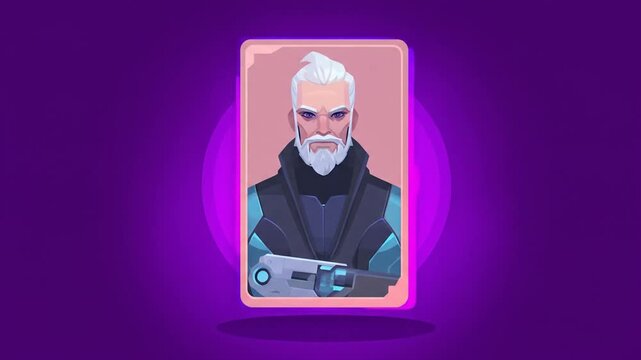 Futuristic portrait illustration of a bearded man on a purple background