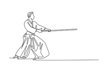 Single continuous line drawing male Aikido athlete in deep, powerful stance, holding staff in forward thrust, the discipline and energy of weapon form. One line draw graphic design vector illustration
