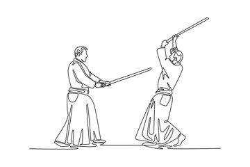 Single one line drawing two men in traditional martial arts clothing engaged in a sword training drill, one attacking and the other defending. Continuous line draw design graphic vector illustration