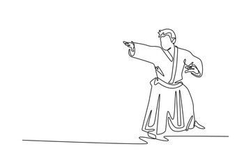 Single one line drawing man in traditional uniform with arms extended in controlling or guiding posture, focused energy of an Aikido technique. Continuous line draw design graphic vector illustration