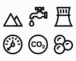 Fototapeta premium Environmental and Industrial Iconography Representing Resources Pollution and Measurement Depicting Mountain Faucet Nuclear Plant Gauge Carbon Dioxide and Molecular Structure