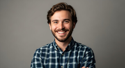 Fototapeta premium Smiling young man with dark hair and beard wearing a blue checkered shirt standing against a plain gray background for professional and casual use