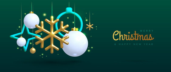 Christmas holiday green background with 3D plastic and metallic  baubles, snowflakes or toys. Christmas greeting card, poster, banner. Vector illustration