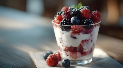 Fresh mixed berry and yogurt parfait in a glass cup