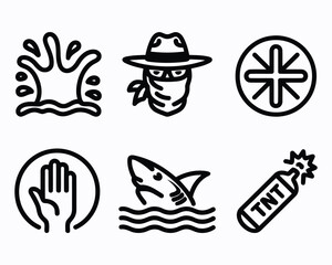 Collection of Bold Line Icons Depicting Diverse Concepts Water Splash Bandit Stop Sign Shark Dynamite Cartoonish and Simplistic Design Style