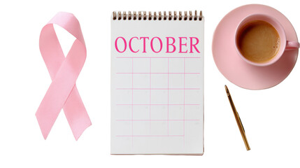 Pink Ribbon with October Calendar and Coffee Cup for Breast Cancer Awareness Month