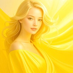 Blonde woman in yellow flowing fabric, sunlit, serene expression