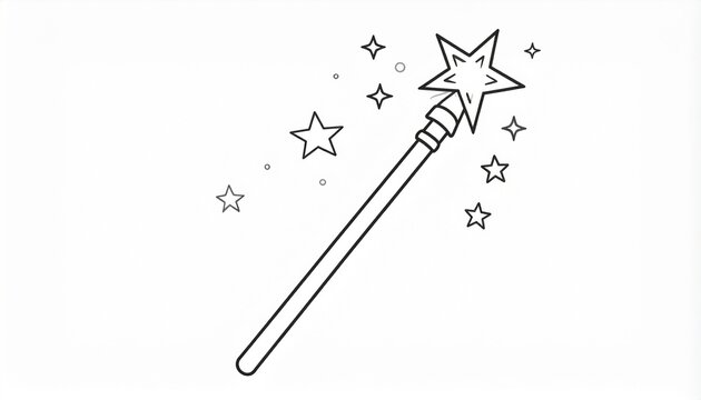 Cute magic wand with sparkling stars, clean bold outlines perfect for kids’ coloring books, fantasy designs, fairy tale illustrations, and creative craft projects. - Powered by Adobe