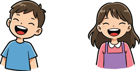 Cartoon illustration of happy boy and girl laughing, smiling children faces, joyful kids expression, cute characters, childhood happiness, fun emotion