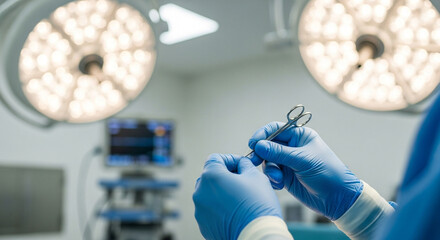 Surgeon holds surgical scissors with gloves in bright operating room