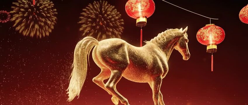 Chinese Ink Wash Painting of Galloping Horse Animation. Ideal for artistic and cultural projects celebrating the Year of the Horse.