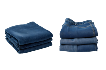 Neatly folded stack of blue denim jeans