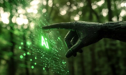 robot hand touching "Ai" word on screen with neon light glow in green park forest, Ai trend illustration abstract background. Generative With Ai
