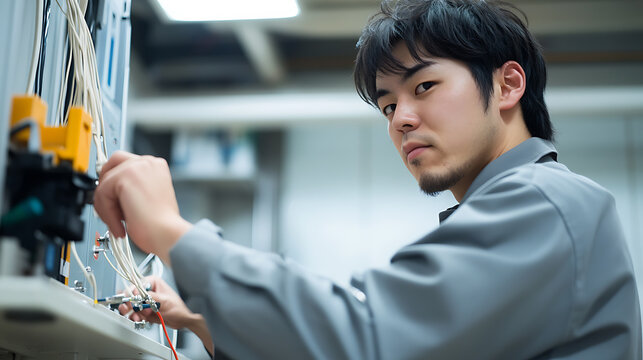 Focused technician connecting cables in a network panel, ensuring optimal connectivity and data flow with precision and skill.